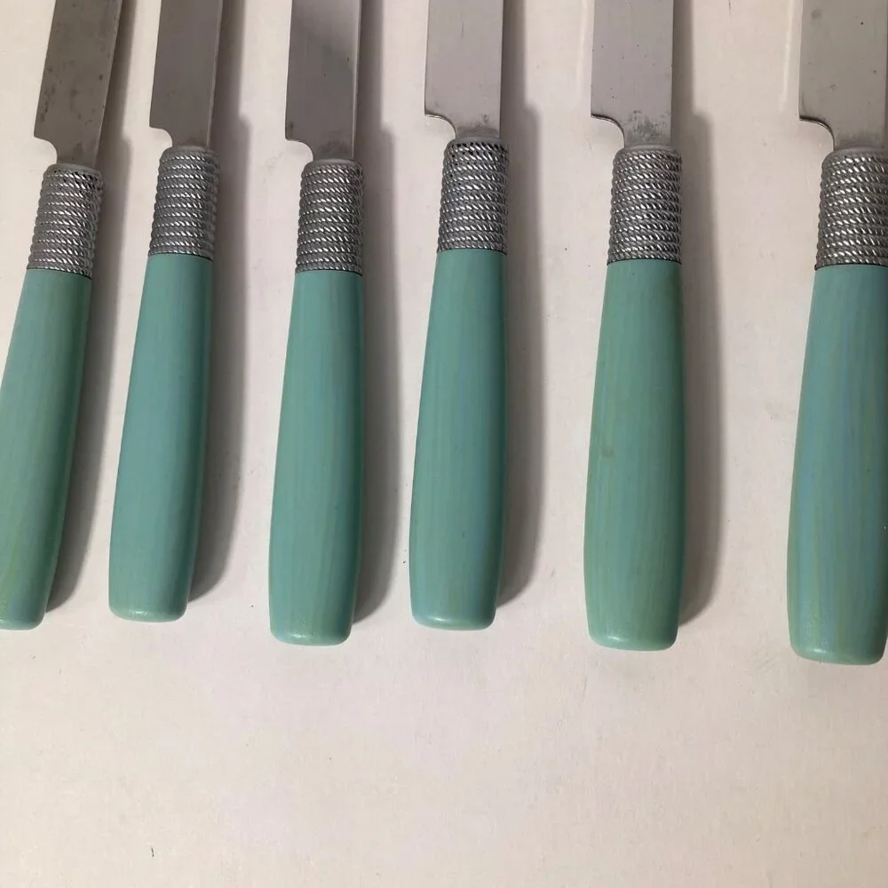 6 - Vintage Cambridge Dinner Knives Green Stainless‎ Flatware Plastic Handle 9